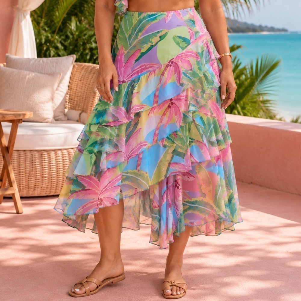 Farm Rio Beach Vibe Ruffle Skirt Womens XL Pink Multi Tropical Palm Midi‎ NWT